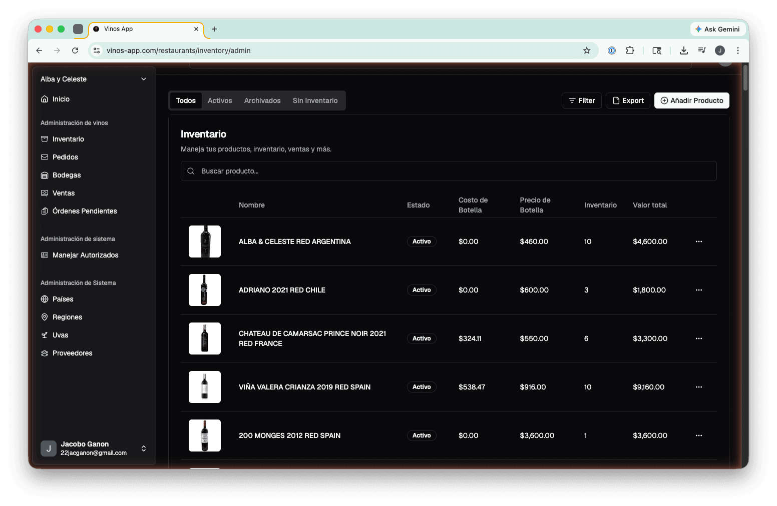 Vinos restaurant dashboard and wine inventory overview