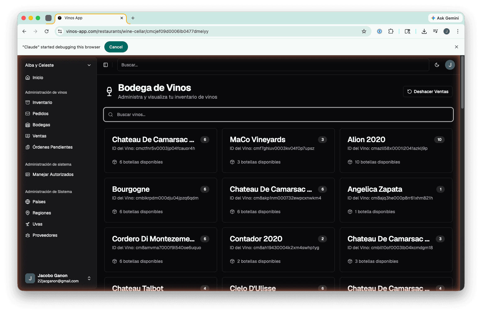Vinos wine cellar inventory management and storage locations